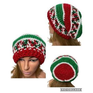 Hand Crocheted Christmas Winter Beanie Hat Glitter Stripe Holiday Party Unique